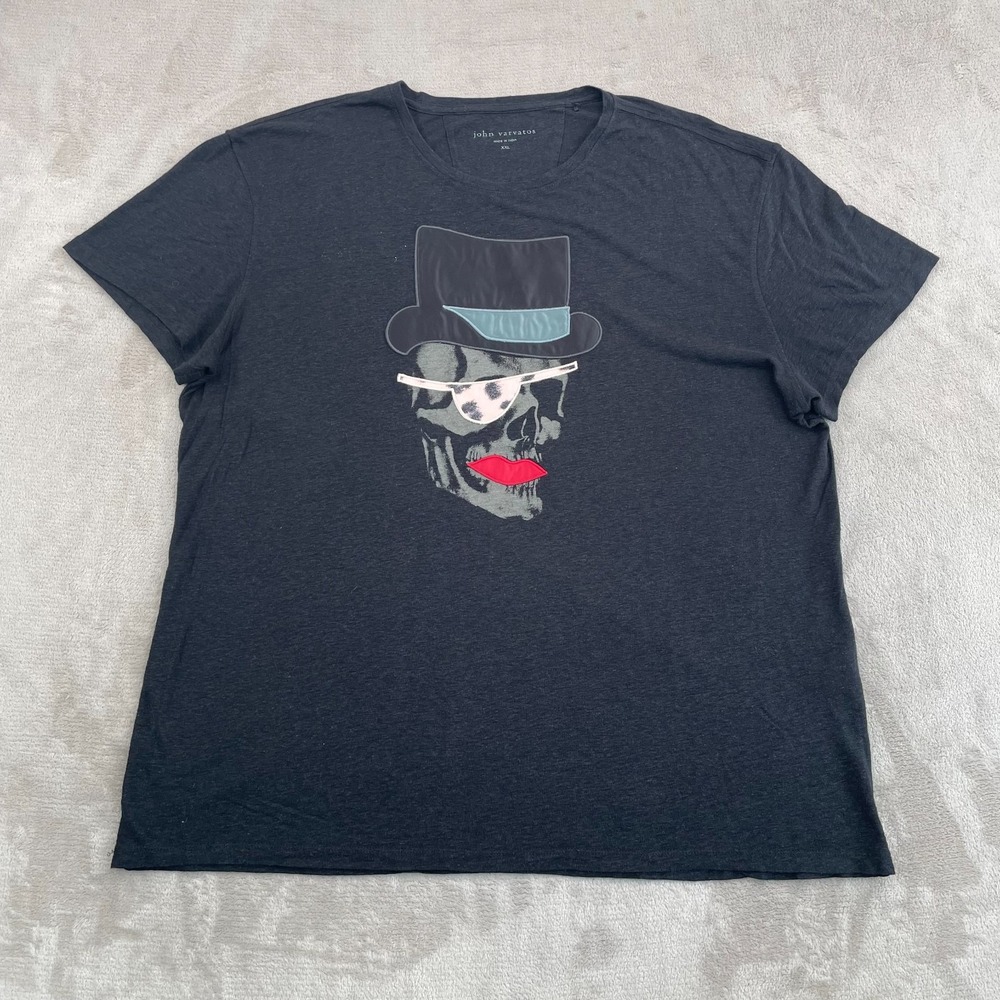 John Varvatos Applique Top Hat Skull Graphic T-Shirt Men 2XL Black Linen Blend
